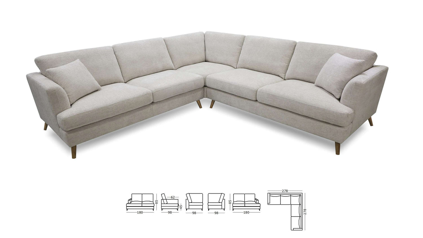 Layla - 5 seater modular with t-cushions including 2 scatter cushions & angled arms upholstered - Colour : Pearl