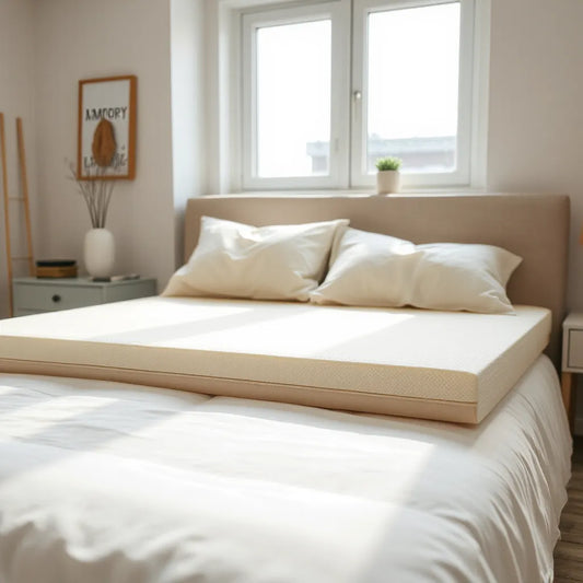 Memory foam mattress topper on a neatly made bed with natural daylight and soft neutral bedding