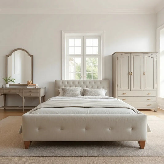 Queen bedroom with matching bed, bedside tables, and dresser in a cohesive furniture set