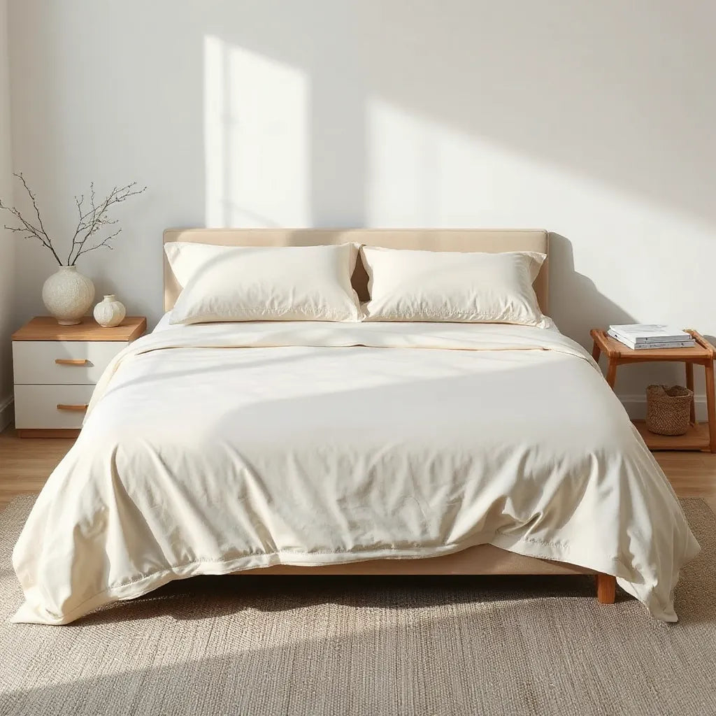 Neatly made queen bed with fitted and flat sheets and matching pillowcases in soft neutral tones