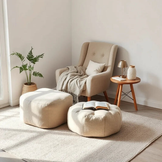 Cozy reading chair with matching ottoman in a quiet corner with warm lamp and closed book