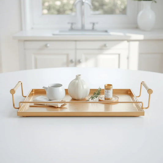Gold metal frame tray styled with minimal decor on a neutral tabletop