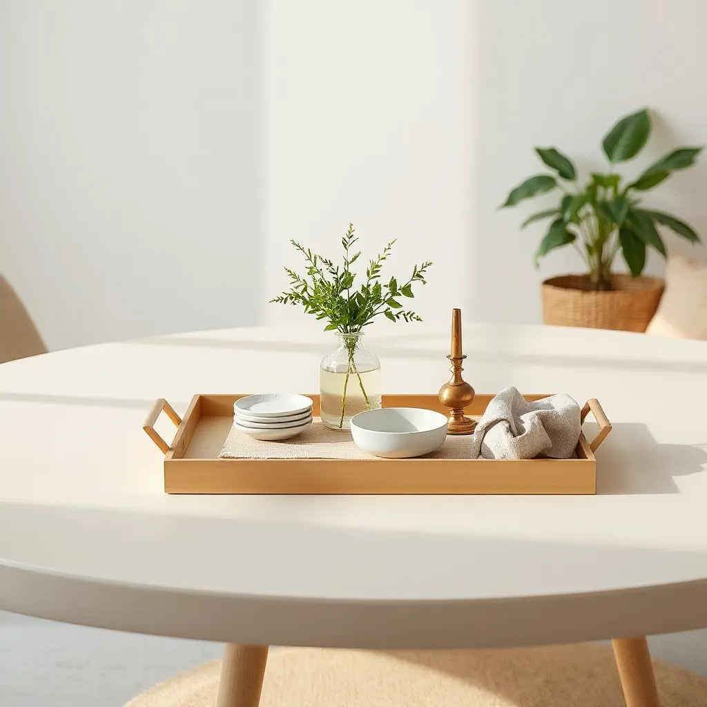 Decorative serving tray on a neutral table with candles, greenery, and small styled accessories
