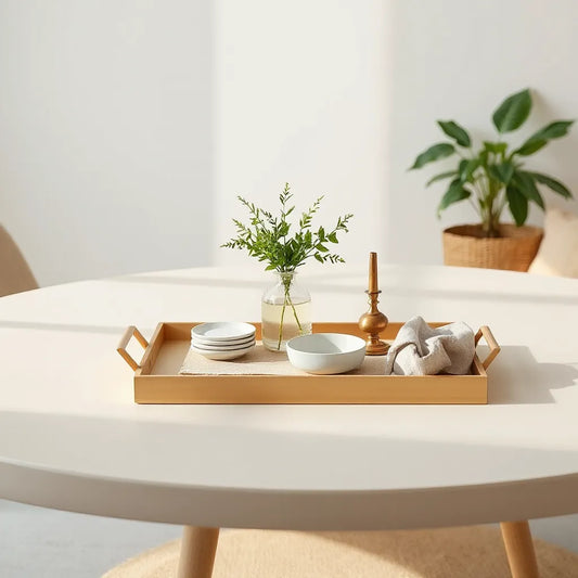 Decorative serving tray on a neutral table with candles, greenery, and small styled accessories
