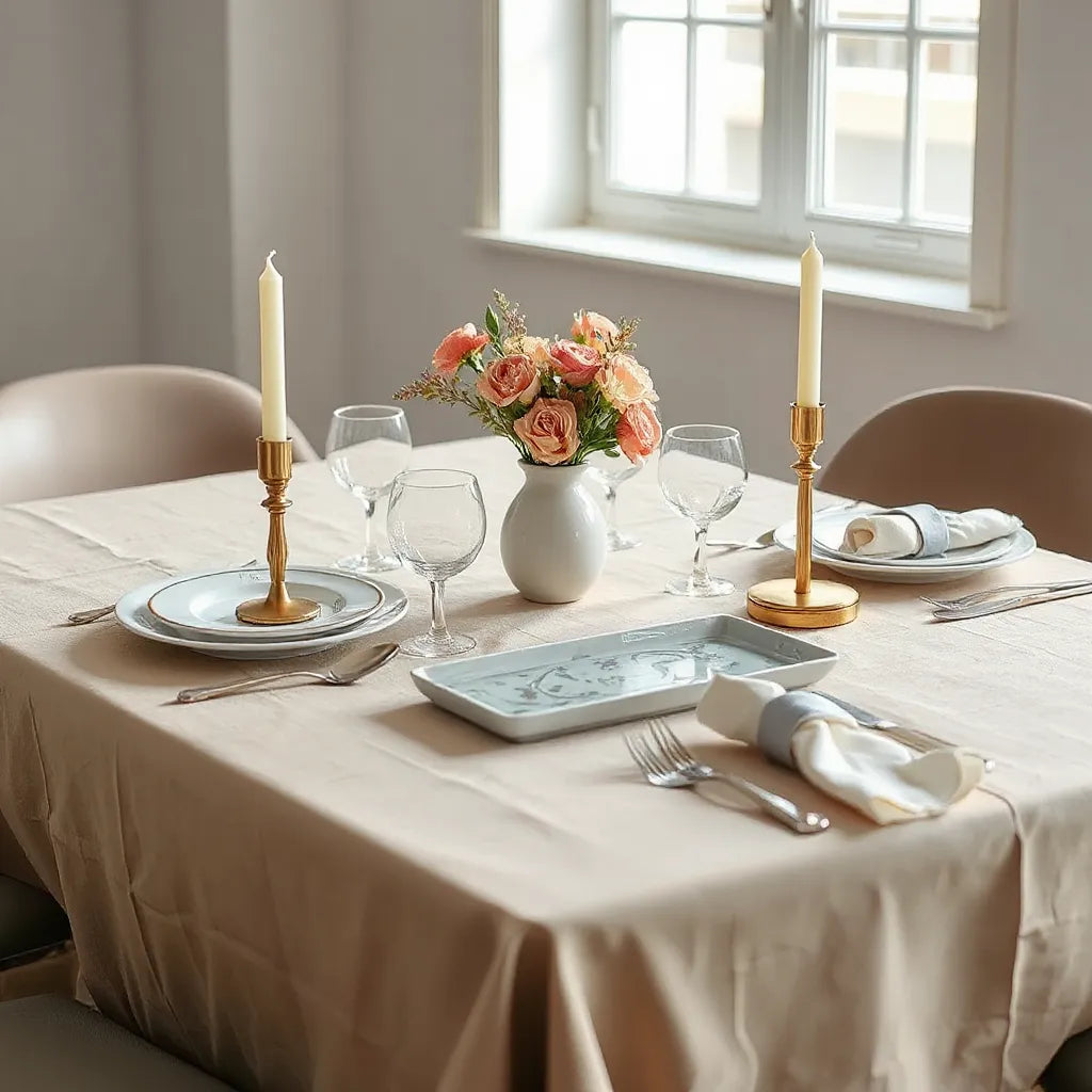 Neutrally styled dining table with candles, florals, and neatly set dinnerware for an elegant occasion