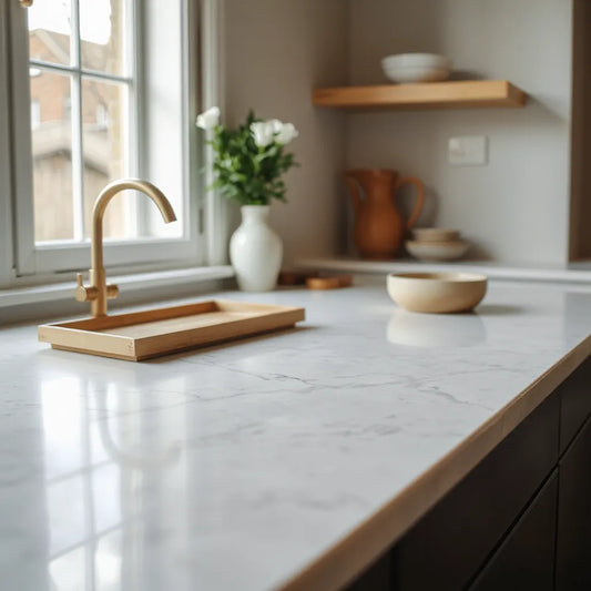 Hand polished marble countertop with subtle veining and soft natural light in a clean kitchen setting