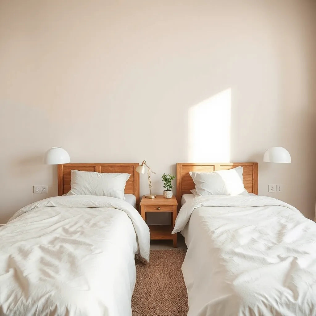 Two bedside table lamps on wooden nightstands beside a neatly made bed, casting warm light