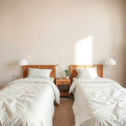 Two bedside table lamps on wooden nightstands beside a neatly made bed, casting warm light