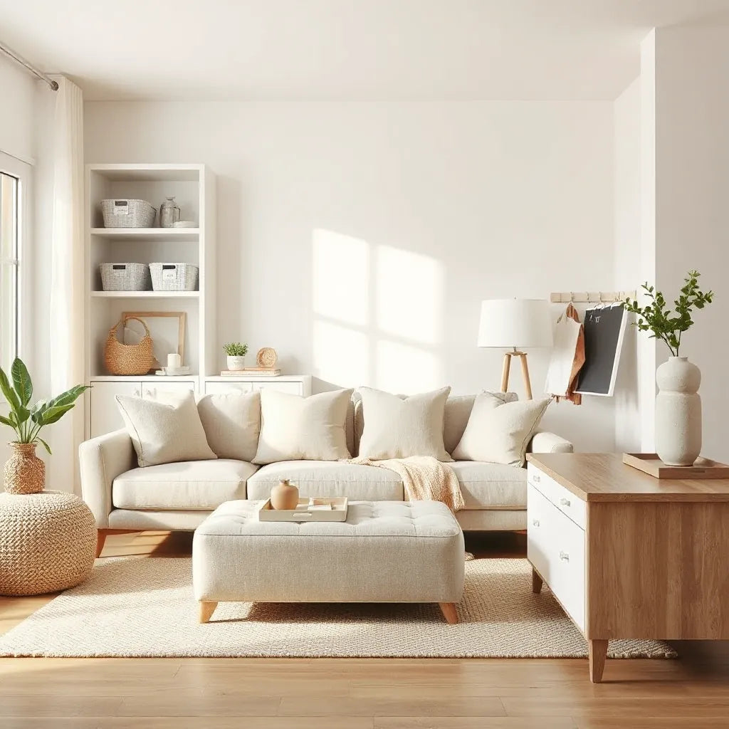 Neatly styled living room with storage bins, baskets, and decor for a clutter-free, organized look