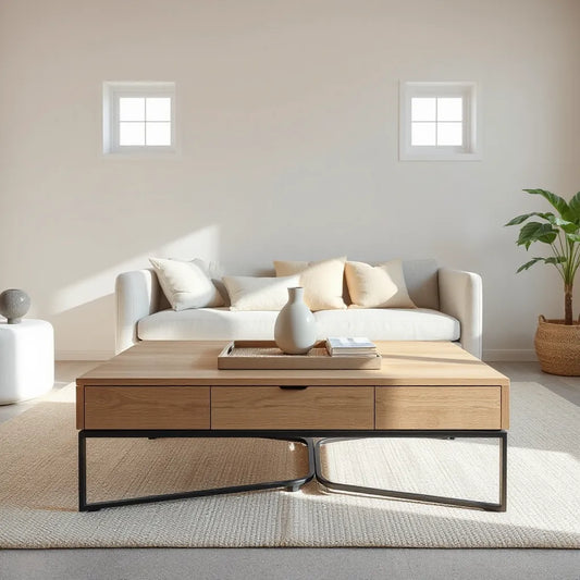 Minimalist coffee table styled with a small vase, neutral books, and a tray in a bright living room
