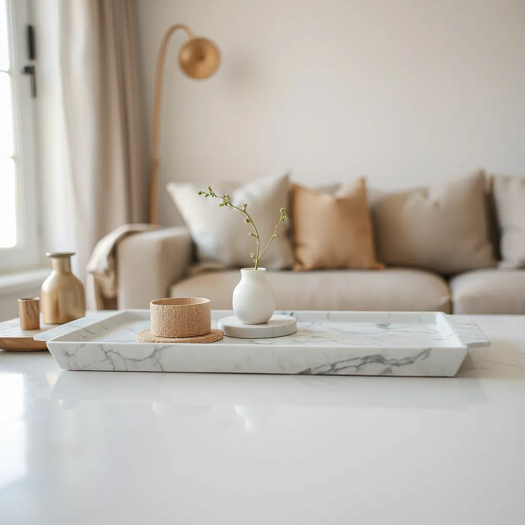 Light veined marble tray styled with a small vase and neutral decor in a bright living room