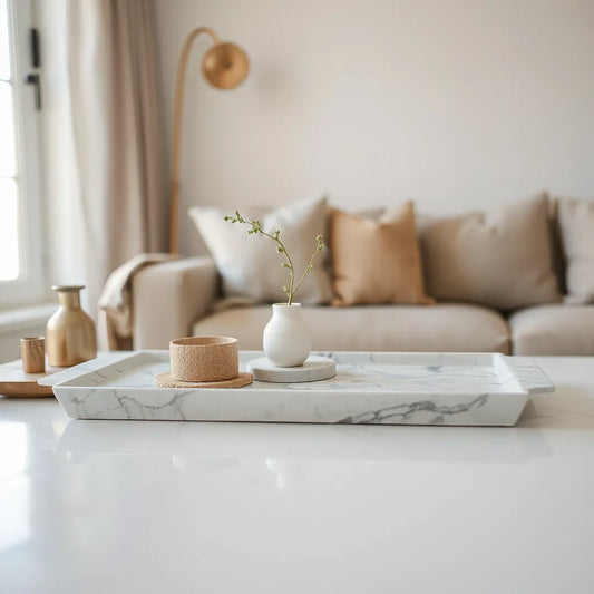 Light veined marble tray styled with a small vase and neutral decor in a bright living room