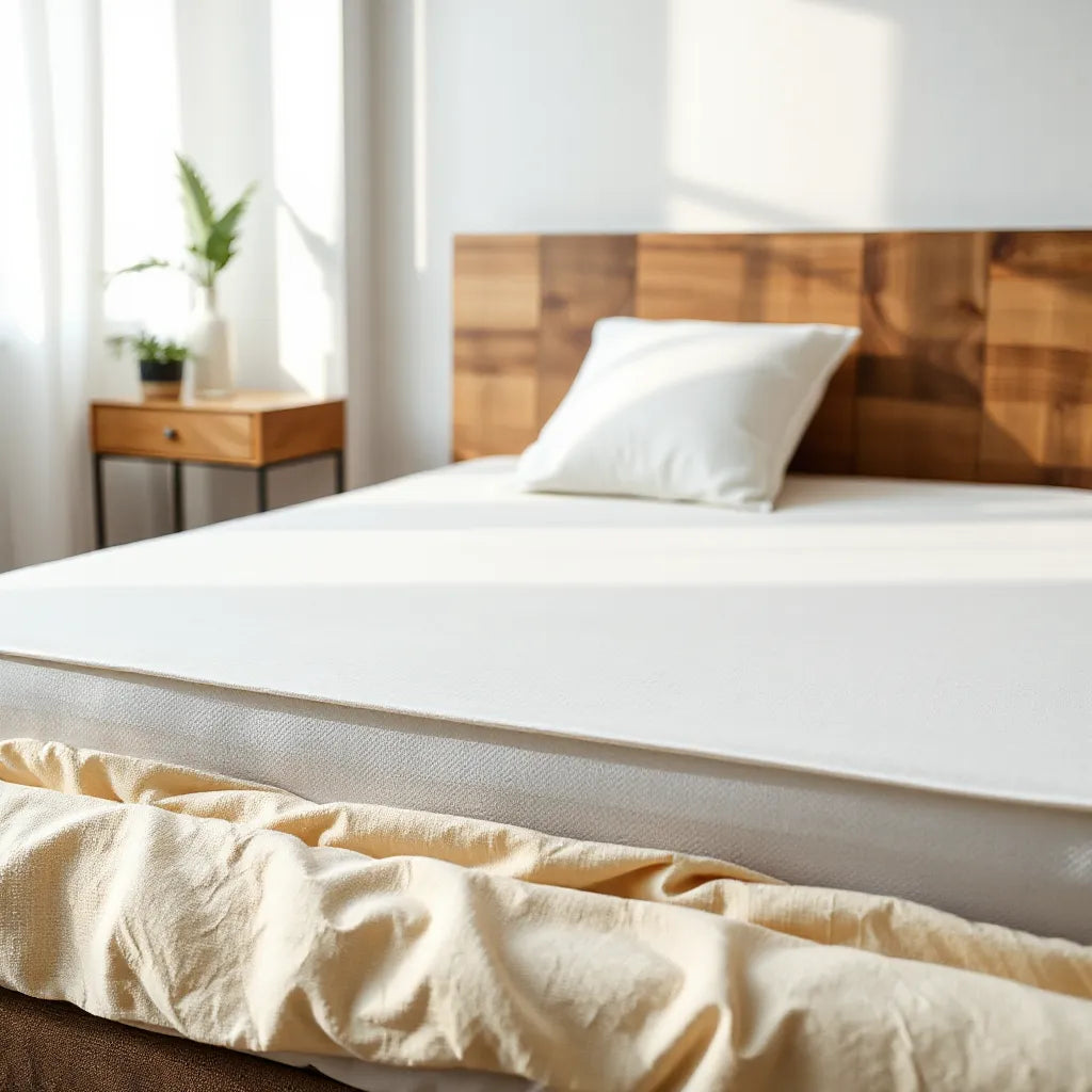 Neatly made bed with a fitted waterproof mattress protector visible along the mattress edges
