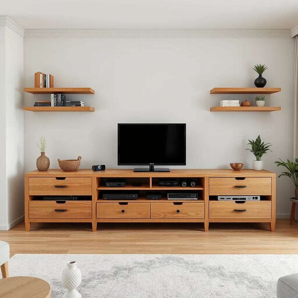 Modern media console with storage drawers and shelving under a TV in a neatly styled living room