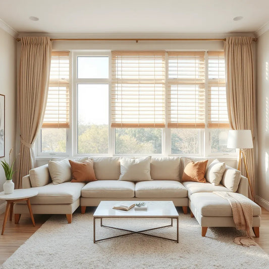 Living room windows with layered curtains and blinds for light control and privacy