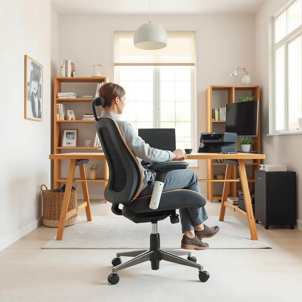 Modern ergonomic office chair in a bright home office with adjustable headrest and armrests