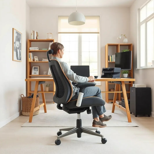 Modern ergonomic office chair in a bright home office with adjustable headrest and armrests