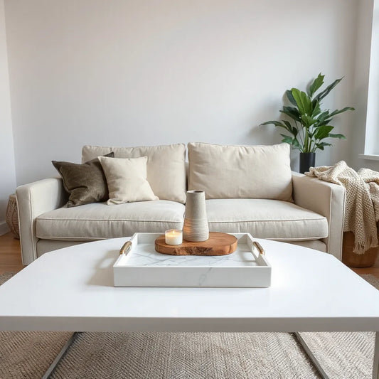 Marble tray with candles, vase, and styled decor on a modern coffee table