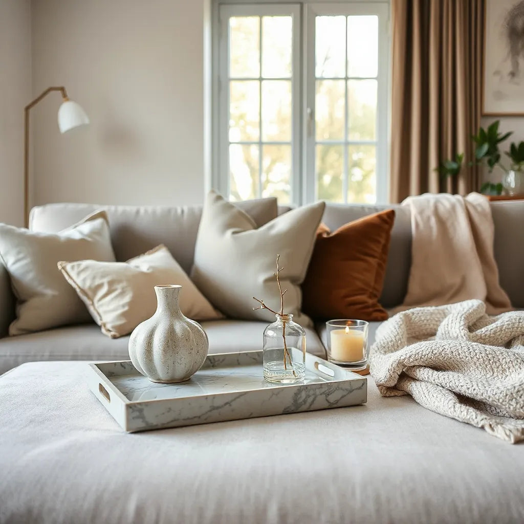 Elegant living room accessories arranged on a side table with tray, candle, and vase