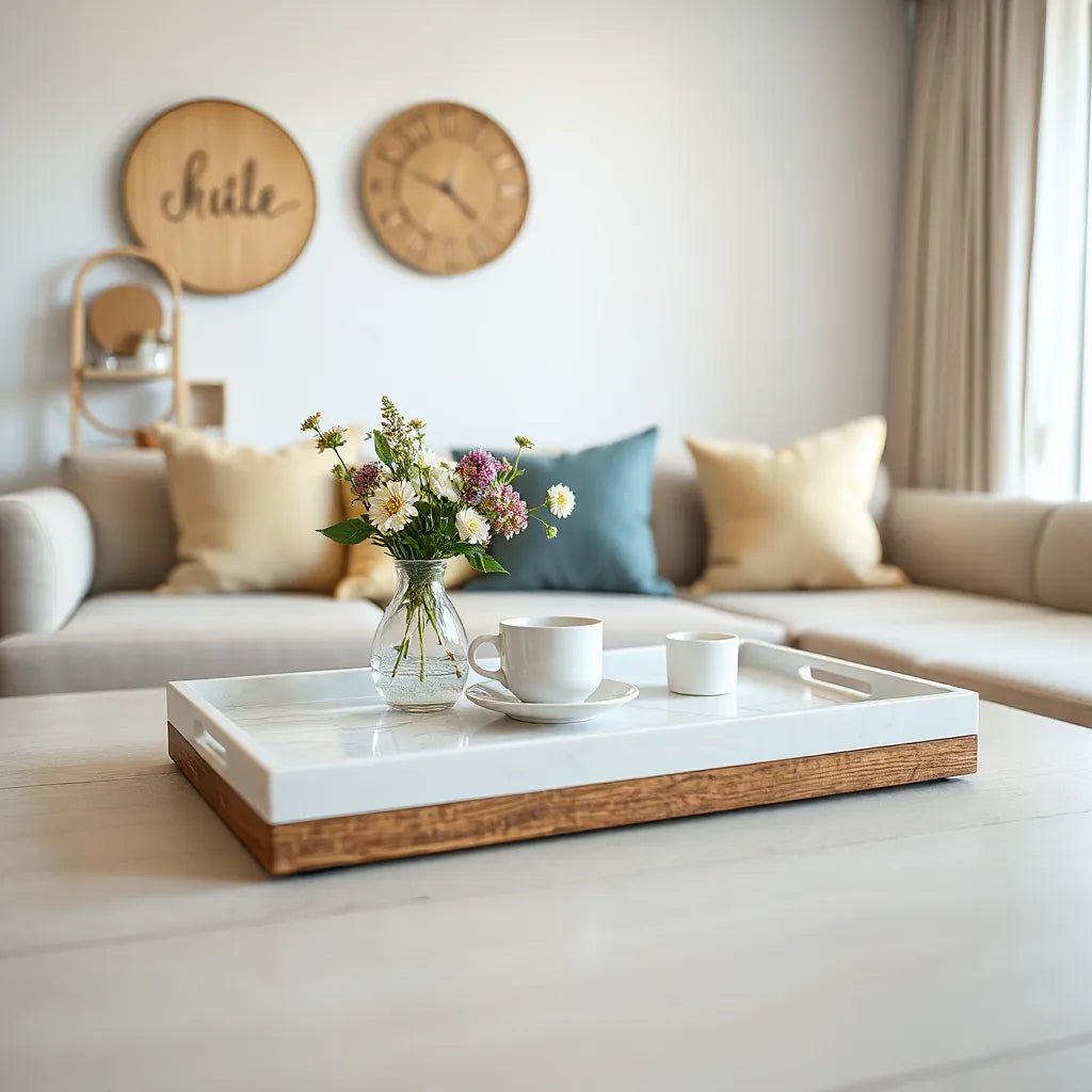 Stylish serving tray on a coffee table with flowers and neatly arranged coffee accessories.