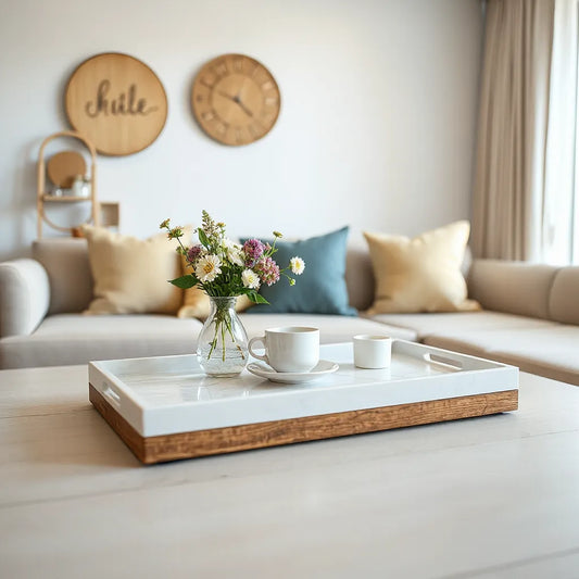 Stylish serving tray on a coffee table with flowers and neatly arranged coffee accessories.