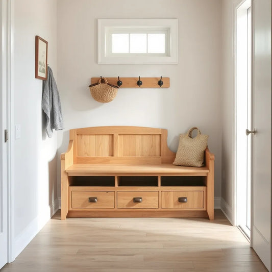 Wooden entryway bench with storage under the seat in a bright, uncluttered hallway
