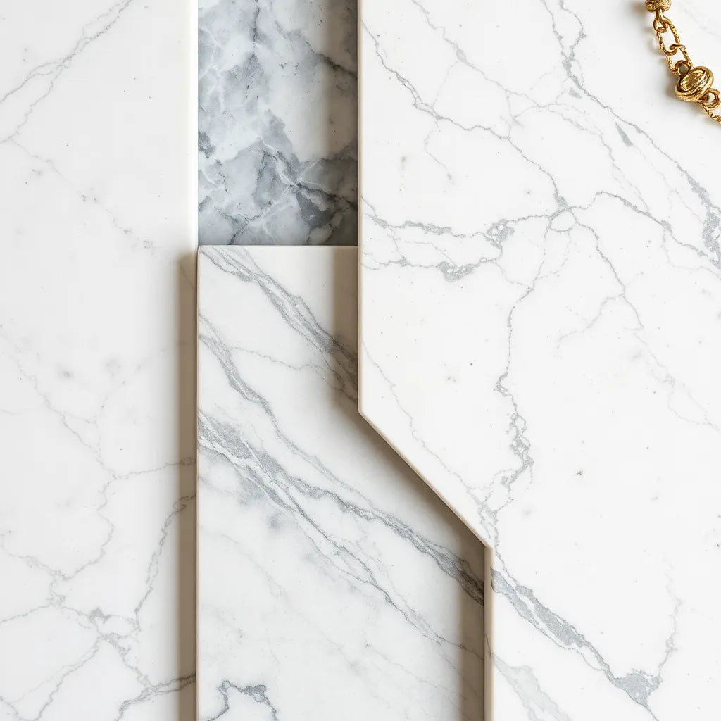 Distinct marble veining patterns on slabs arranged side by side in soft natural light