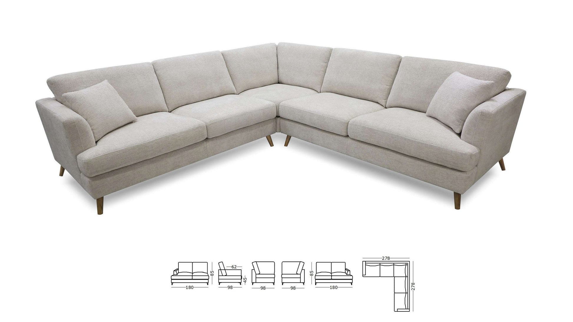 Layla - 5 seater modular with t-cushions including 2 scatter cushions & angled arms upholstered - Colour : Pearl
